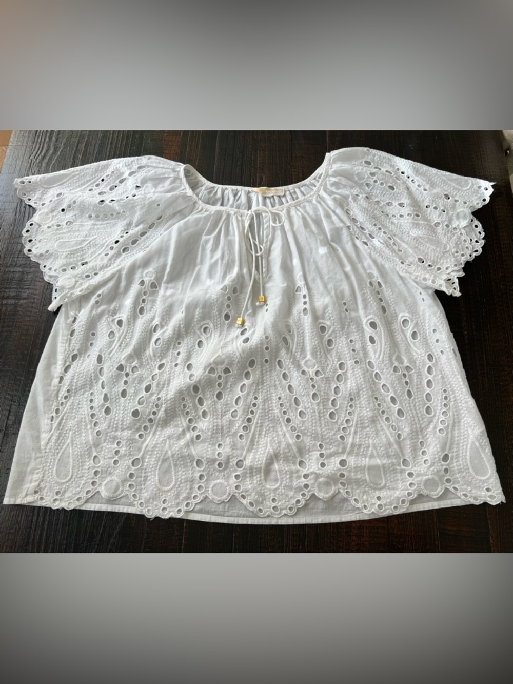 MICHAEL KORS White Cotton Short Sleeve Lace Up Eyelet Peasant Blouse L/XL